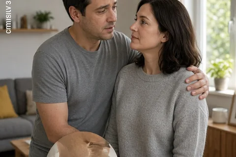 A man with short dark hair in a gray t-shirt gently touching the shoulder of a woman with shoulder-length dark hair in a light gray sweater while speaking to her in a living room