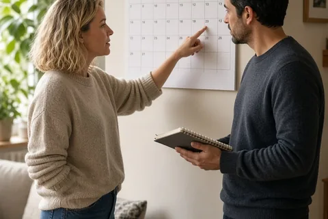 A woman with shoulder-length blonde wavy hair pointing to a date on a wall calendar in a bright living room while a man with short dark hair listens attentively while holding a notebook