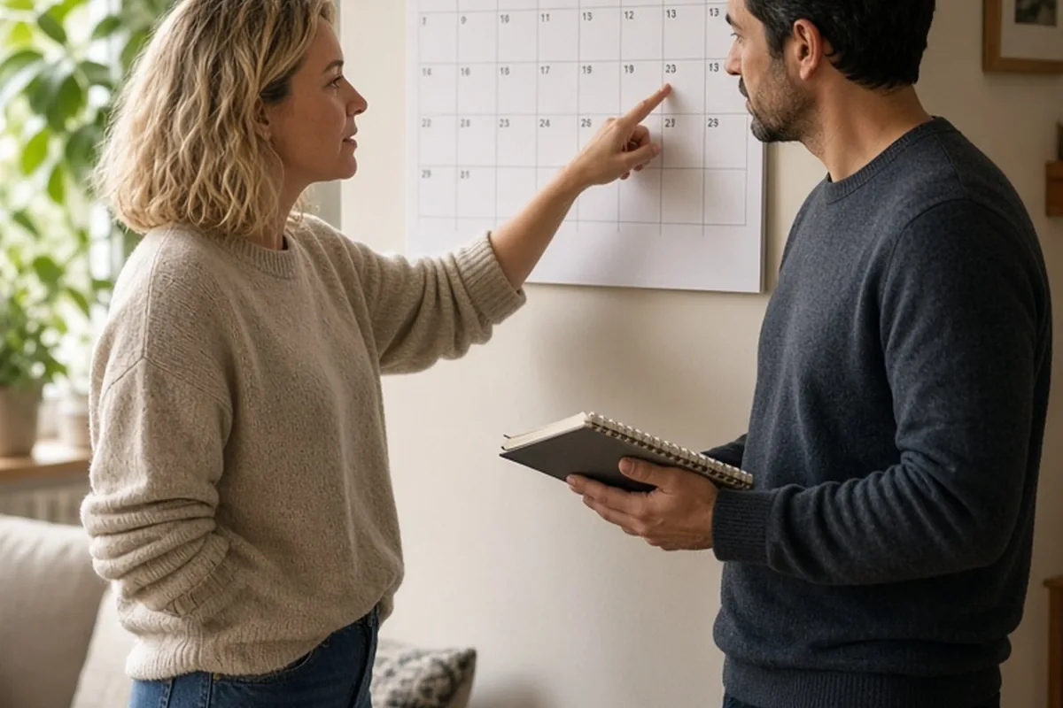 A woman with shoulder-length blonde wavy hair pointing to a date on a wall calendar in a bright living room while a man with short dark hair listens attentively while holding a notebook
