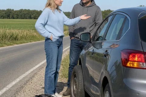 A couple standing beside their car on a highway shoulder with a flat tire, the woman calmly gesturing and speaking to the man as they decide on next steps after the tire blowout delay
