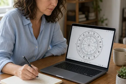 Woman in her thirties at a home office desk reviewing an astrology birth chart on a laptop and writing notes on paper