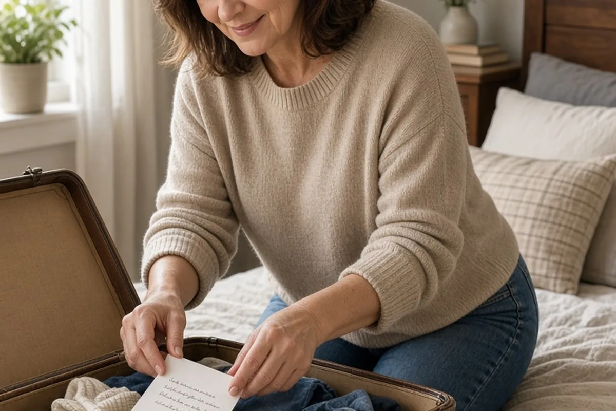 A clearly adult woman in her mid-fifties carefully placing a handwritten card into an open suitcase in a bedroom.