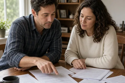 A man and a woman in their thirties sitting at a wooden dining table with financial documents spread out between them as they discuss and point to numbers.