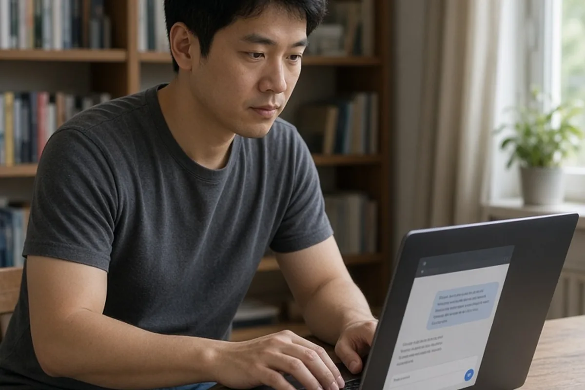 A man in his late twenties with short black hair wearing a dark gray t-shirt and blue jeans sits at a wooden desk in a home office typing on his laptop with bookshelves visible in the background