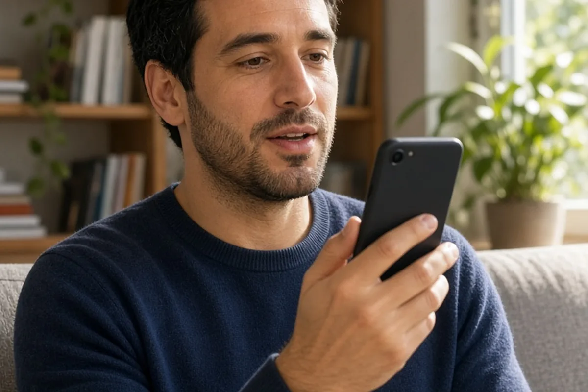 A man in his thirties holding a smartphone to his ear and speaking into it in a sunlit room.
