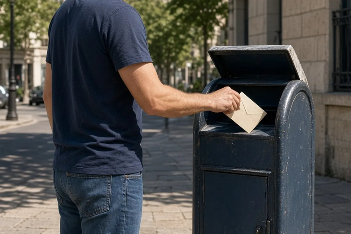 A man with wavy brown hair placing a letter into a mailbox on a sunny day