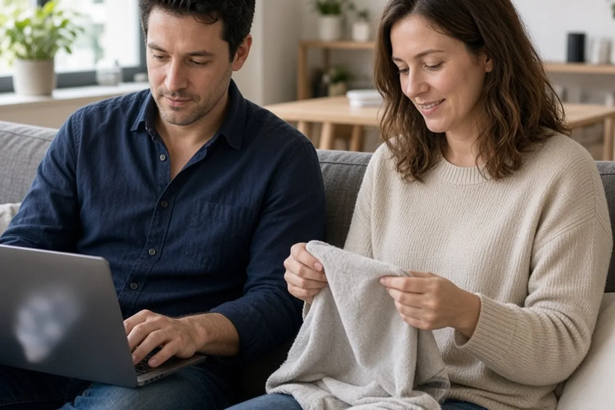 A couple in their thirties working on a laptop and folding laundry together on a couch in a modern apartment living room