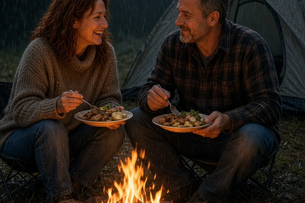 A couple at a campsite in the rain sharing dinner by a campfire, the woman smiling as they connect through humor
