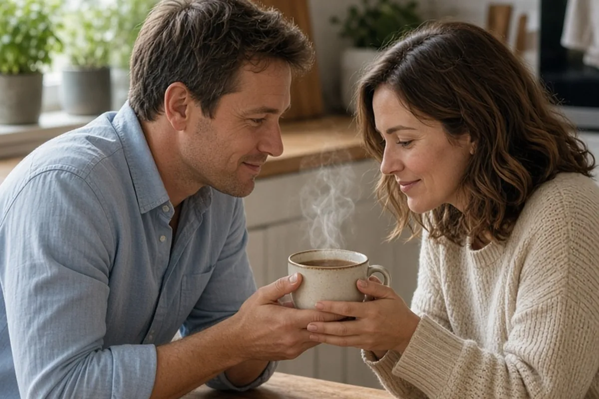 A clearly adult man with short brown hair in a light blue button-up shirt passing a steaming mug of tea to a clearly adult woman with wavy brown hair in a cream sweater in a kitchen.