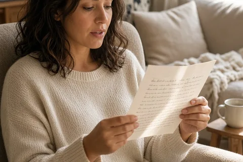 A woman in her thirties with wavy brown hair reading a handwritten love letter in a living room