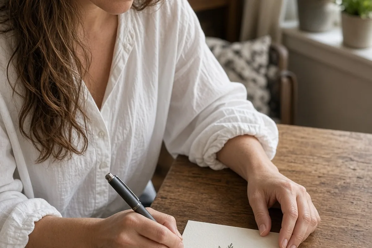 A woman seated at a table writing on a card in a sunlit home interior