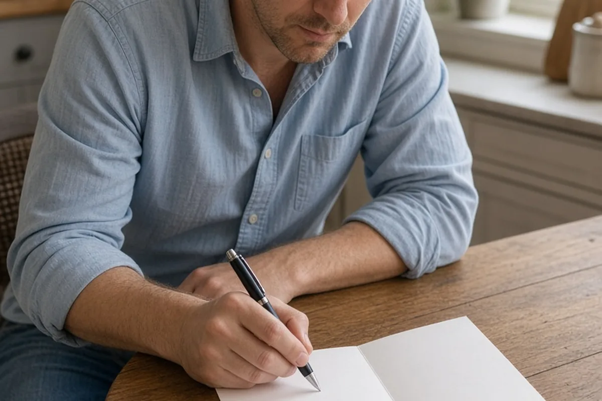 man in his thirties with short brown hair writing a birthday card at a wooden kitchen table