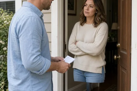 A man in his thirties with short dark hair and a woman in her thirties with wavy brown hair standing at the front door of a house, the man holding a list while they discuss the visit agreement.