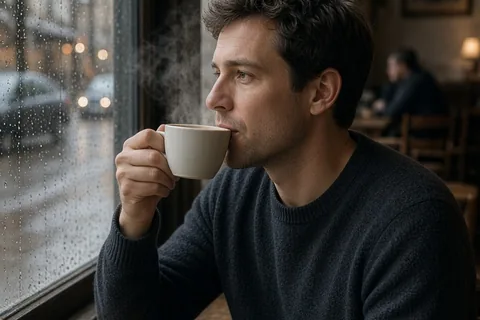 Man in cafe holding tea and looking out window at rain