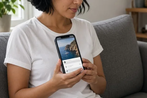 A woman with short black hair sitting on a sofa holding a smartphone open to a dating app profile in a living room