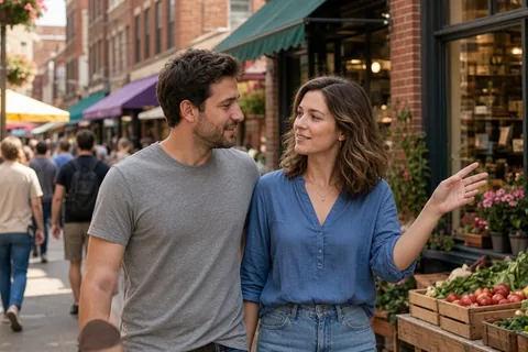 Julian and Clara walking in a downtown market, Julian complimenting Clara on noticing historical building details as they pass storefronts.