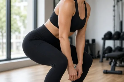 Woman in her thirties squatting in black compressive recycled leggings in a gym to demonstrate fit and support