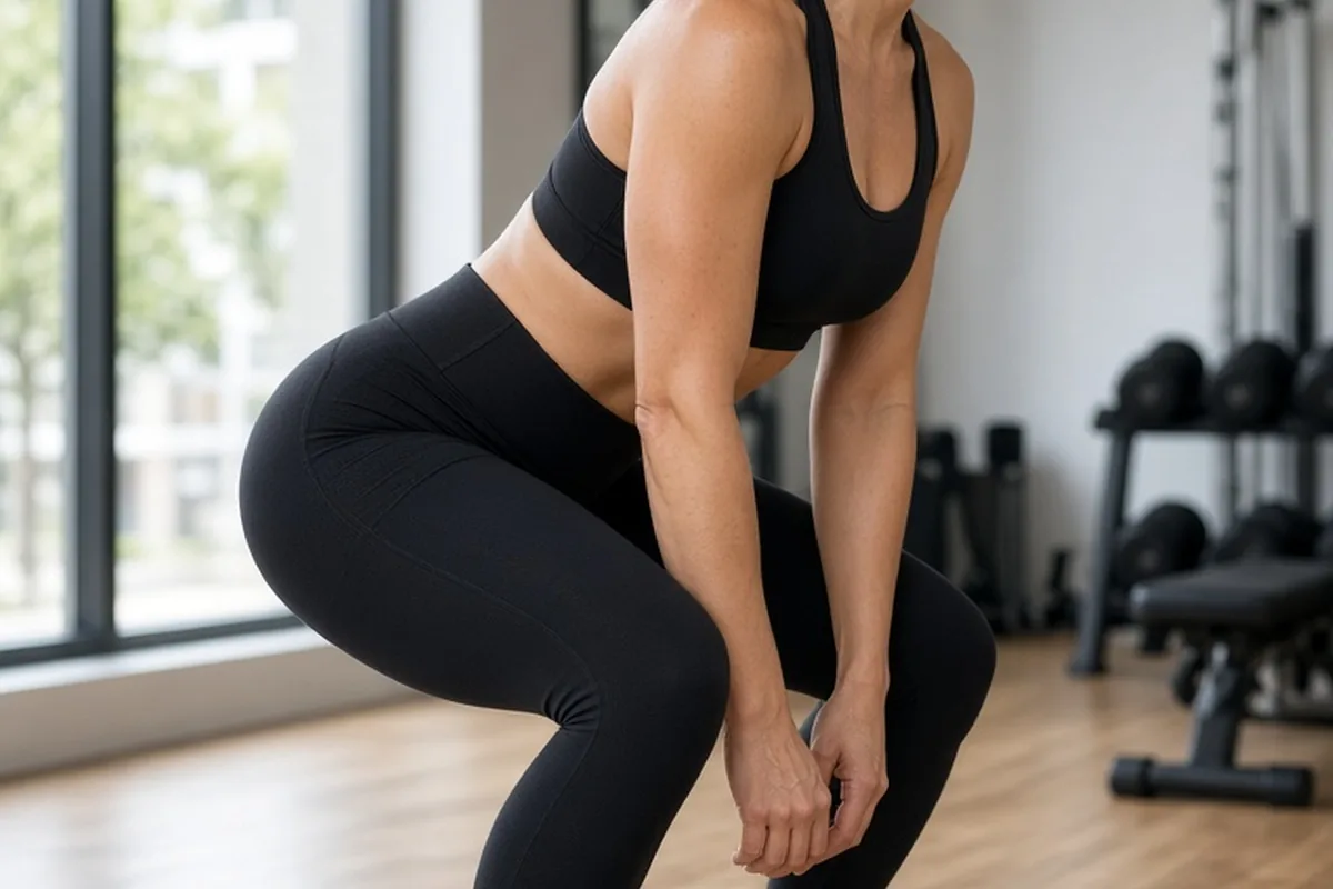 Woman in her thirties squatting in black compressive recycled leggings in a gym to demonstrate fit and support