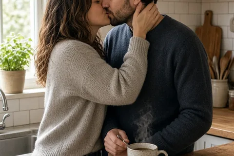 A woman with shoulder-length wavy brown hair kisses her boyfriend with short dark hair on the lips in the kitchen while he holds a tea mug, her hand on his neck.