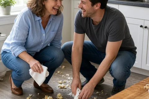 A mother in her early fifties and her adult son in his thirties laughing in a kitchen with spilled birthday cake and frosting on the floor