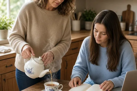 A mother pours tea for her daughter studying at the kitchen table