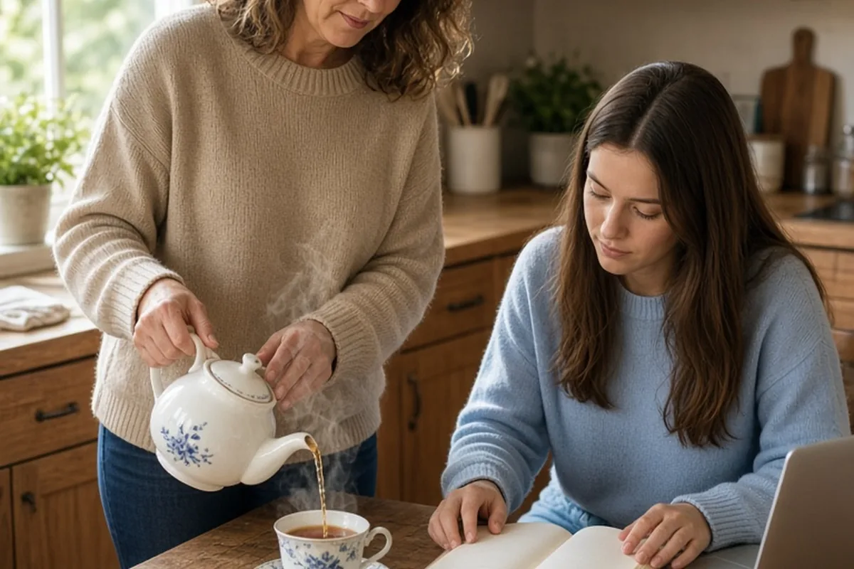 A mother pours tea for her daughter studying at the kitchen table