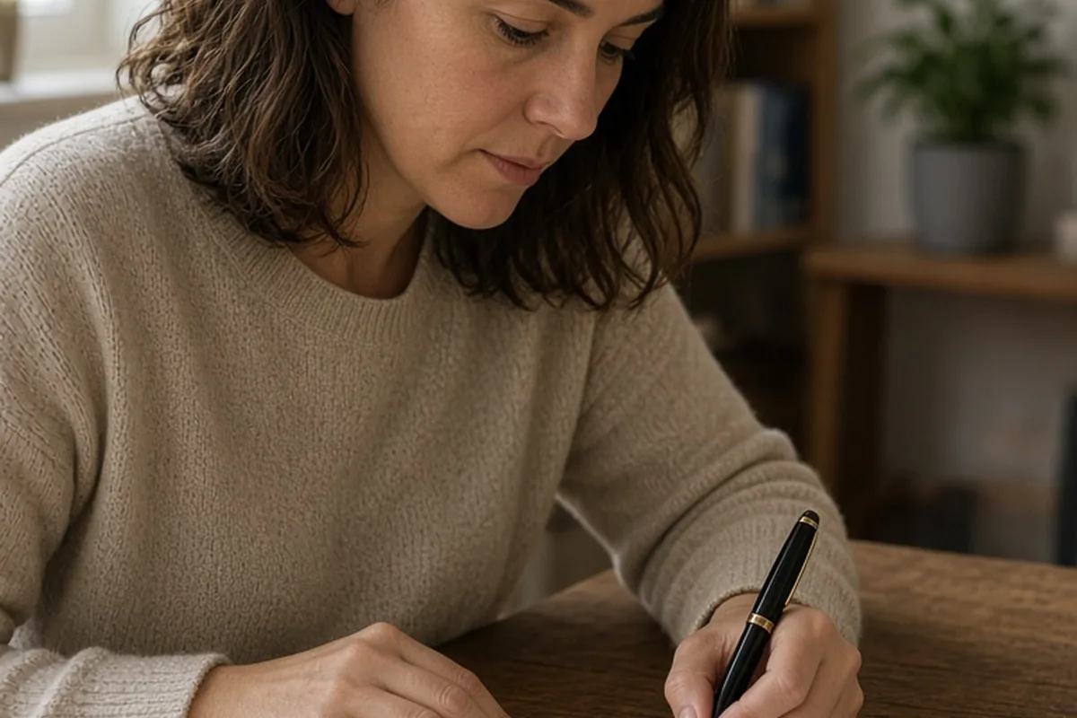 A woman in her thirties with shoulder-length dark brown hair sitting at a wooden table writing a sympathy card on white paper with a fountain pen, her expression showing compassion and focus.