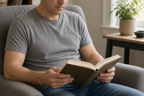 A clearly adult man in his mid-thirties with short brown hair wearing a casual gray t-shirt and jeans sitting in a living room armchair and reading an open book