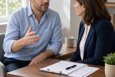 Marcus, a clearly adult man in his mid-forties with short dark hair wearing a light blue button-down shirt and dark slacks, sits across from a clearly adult woman in her mid-forties with shoulder-leng