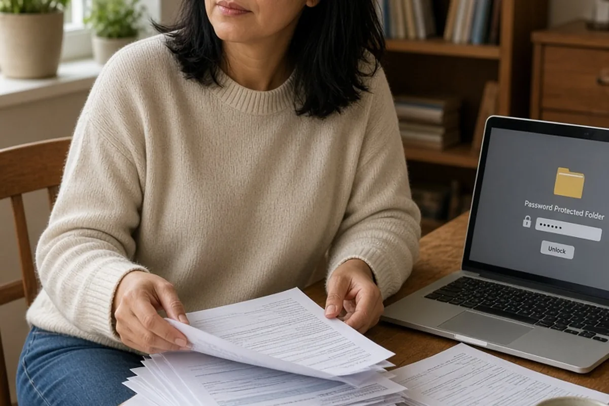 Woman in her late thirties sorting through financial documents at a home office desk with a laptop open