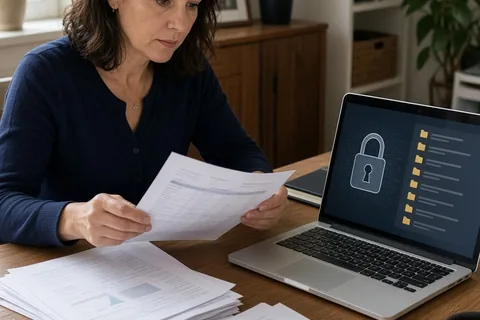A woman in her mid-forties with shoulder-length brown hair sitting at a wooden desk with stacks of financial documents and an open laptop in a home office