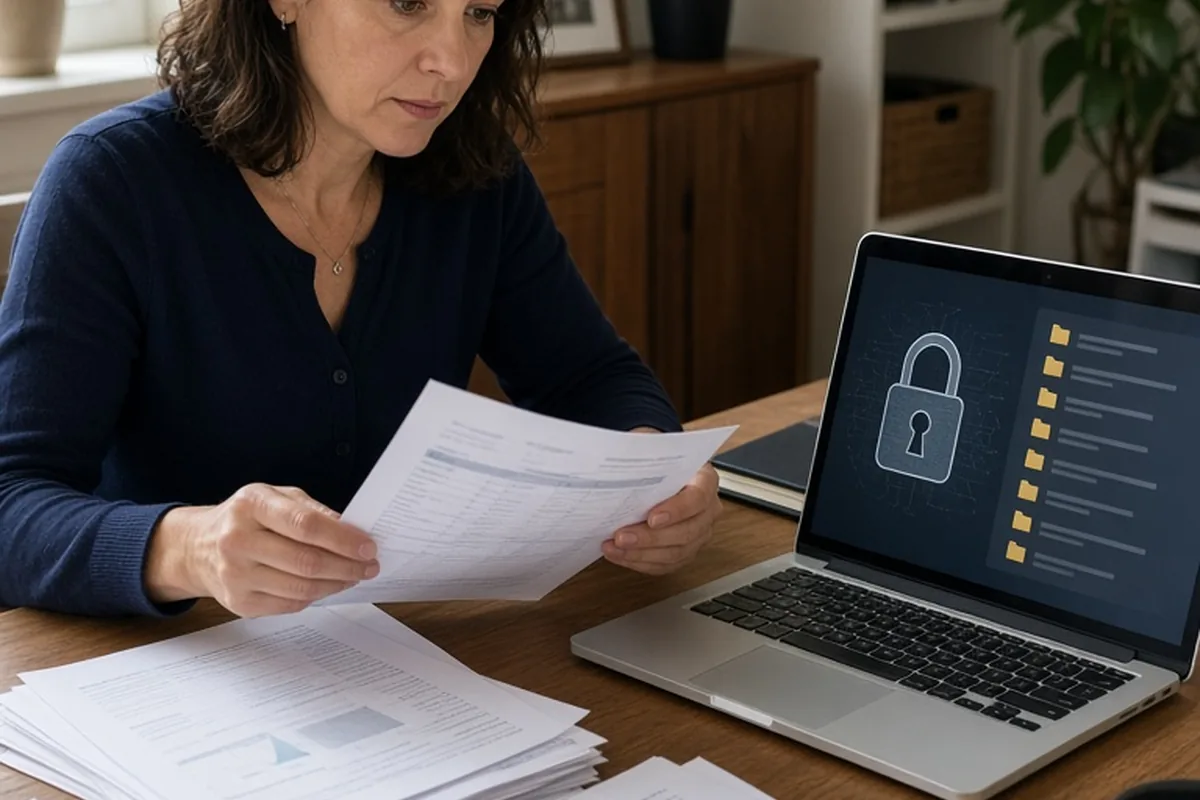 A woman in her mid-forties with shoulder-length brown hair sitting at a wooden desk with stacks of financial documents and an open laptop in a home office