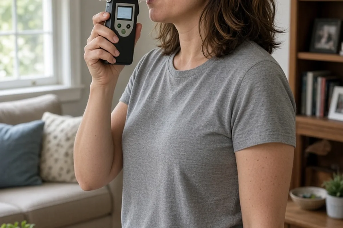 A woman in her mid-thirties with shoulder-length brown hair wearing a gray t-shirt and jeans holding a breathalyzer device to her mouth in a living room setting