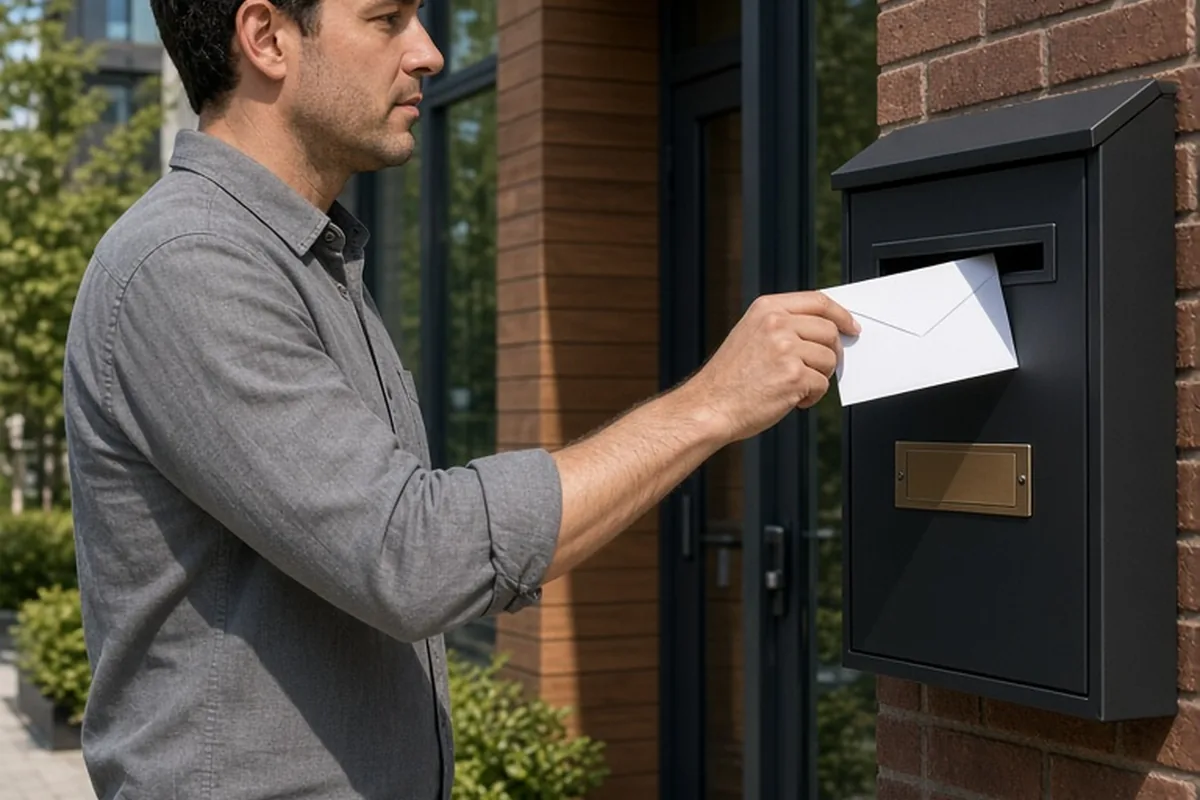 A man in his mid-thirties with short dark hair placing a sealed envelope into a black metal mailbox at an apartment building