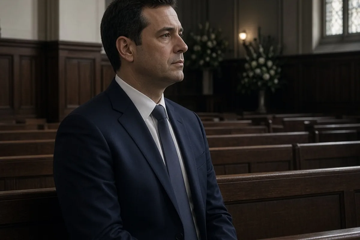 A man in a dark suit sitting in the back row of a funeral hall, four rows behind the family