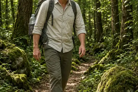 A man in his mid-forties with short brown hair in casual hiking clothes walking along a forest trail