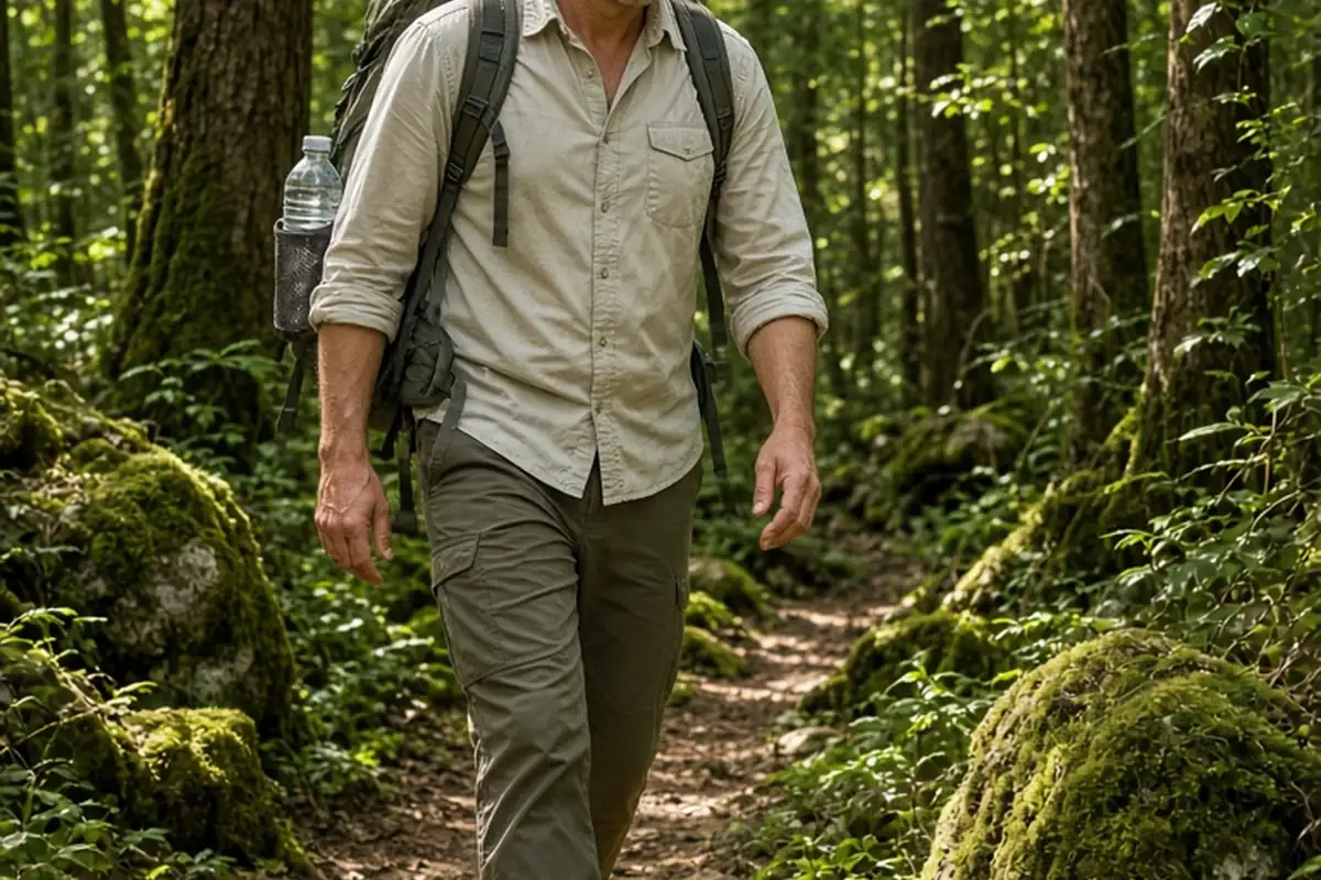 A man in his mid-forties with short brown hair in casual hiking clothes walking along a forest trail