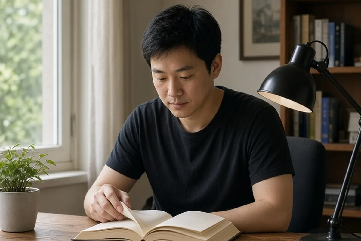 A man in his late twenties with short black hair sitting at a desk in a home office reading an open book