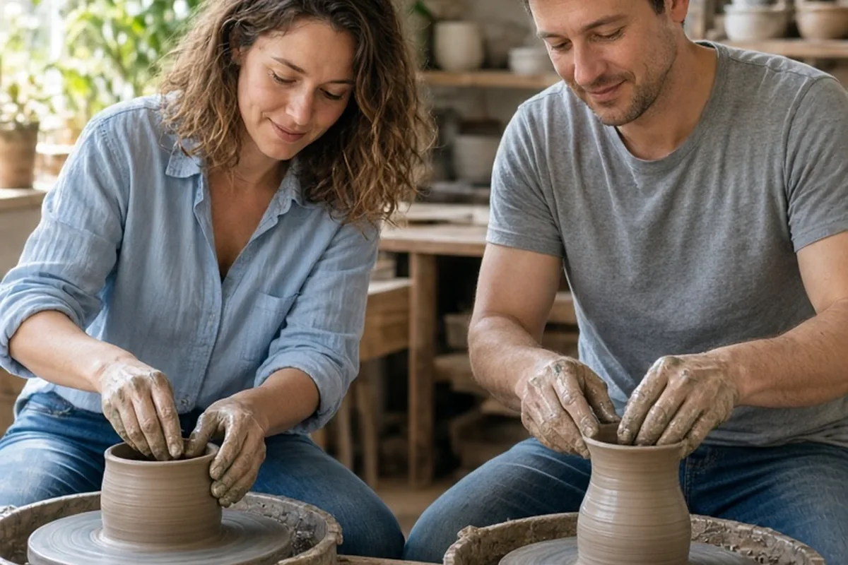 A couple working together at pottery wheels in a studio, one pressing clay and the other forming a pot