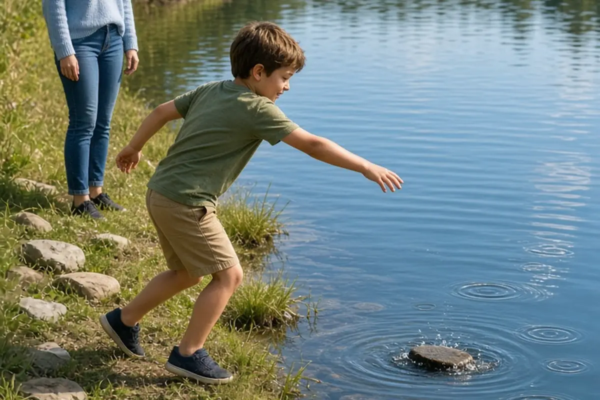 A young boy skipping a stone across a lake as an adult woman watches from the grassy bank