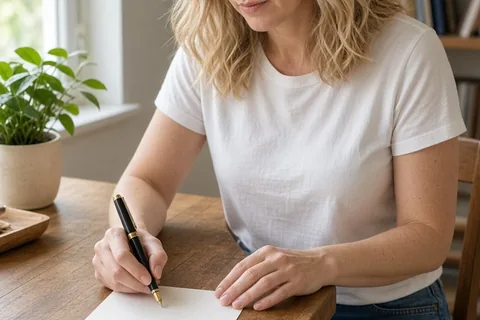 Woman with wavy blonde hair at a desk writing on a card with a pen in a bright room
