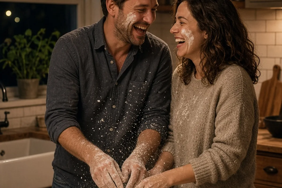 Couple laughing in kitchen with flour on cheek while preparing pasta for New Year's