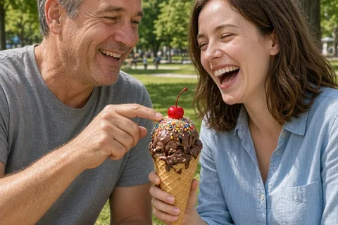 Uncle and niece sharing an ice cream cone and laughing at an outdoor table