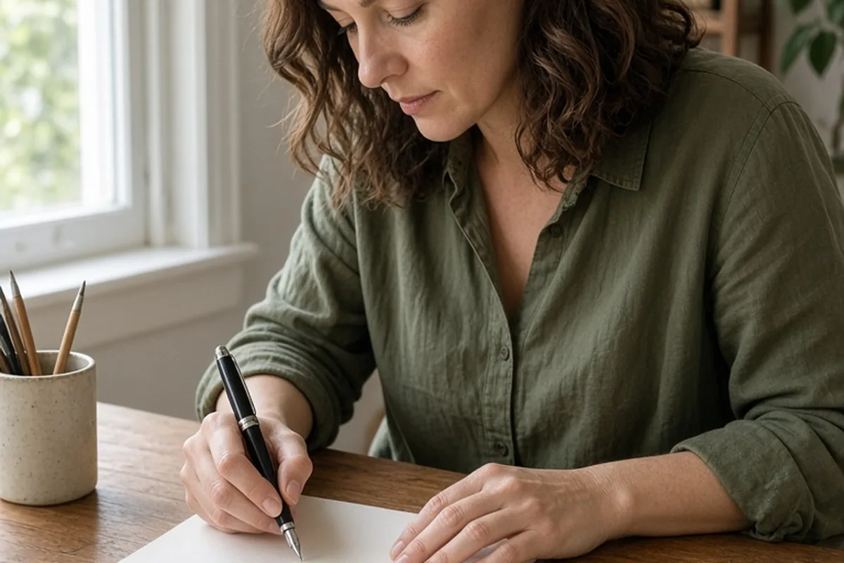 close-up of a woman's hands writing a letter at a desk with pen and paper
