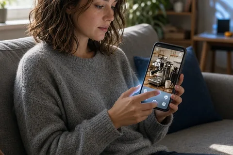 Woman with wavy brown hair sitting on a couch holding a smartphone displaying a kitchen photo with a lever espresso machine
