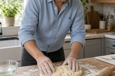 A man with short dark hair in a light blue shirt kneading flour-covered pasta dough on a wooden counter in a sunlit kitchen