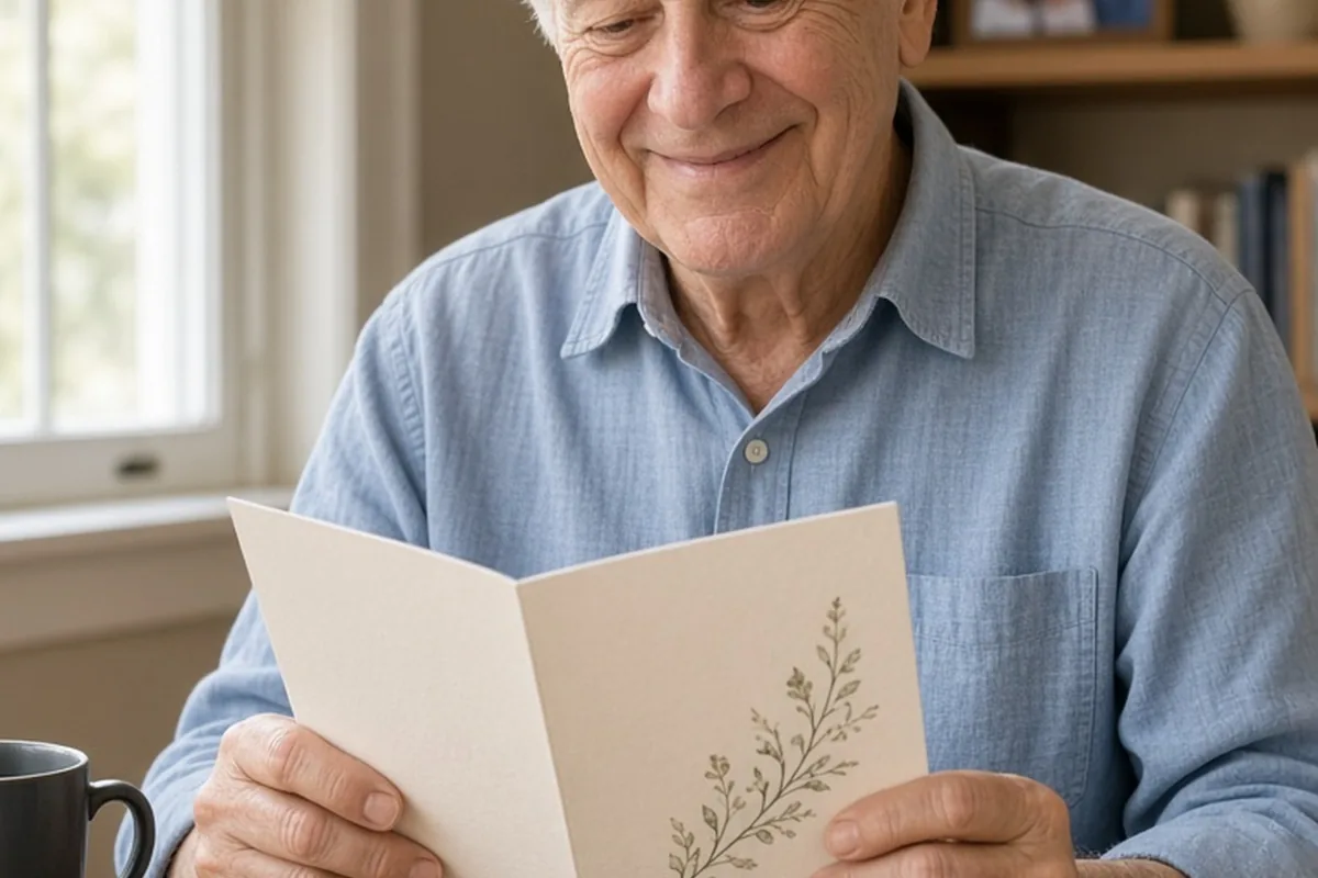 An elderly grandfather with white hair smiling as he reads a birthday card at his wooden desk with natural window light.