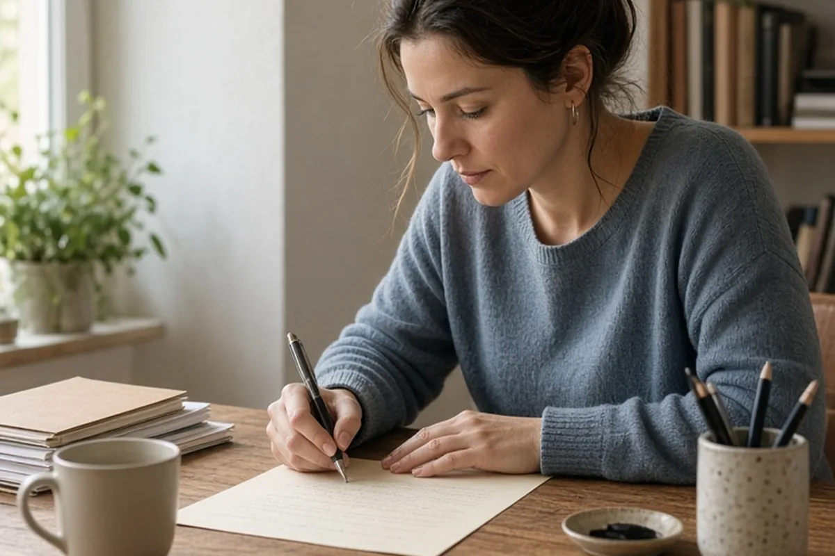 A woman in her thirties writing a handwritten love letter at a wooden desk in a home office with her pen