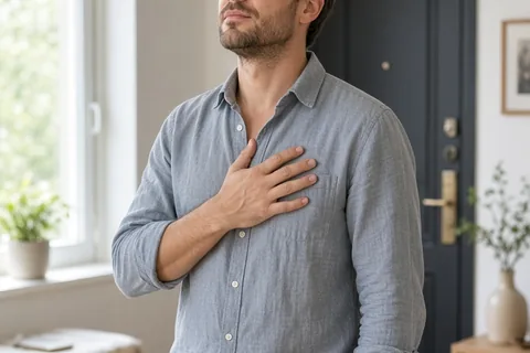 A man in his thirties with short brown hair in a casual button-up shirt pausing in an apartment entryway with hand on his chest taking a deep breath