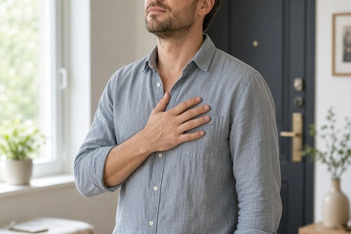A man in his thirties with short brown hair in a casual button-up shirt pausing in an apartment entryway with hand on his chest taking a deep breath